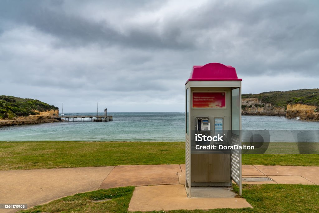 Port Campbell Jetty at Great Ocean Road, Victoria, Australia Victoria, Australia. Telephone Booth Stock Photo