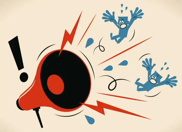 Vector illustration of Big angry megaphone shouting at two blue guys