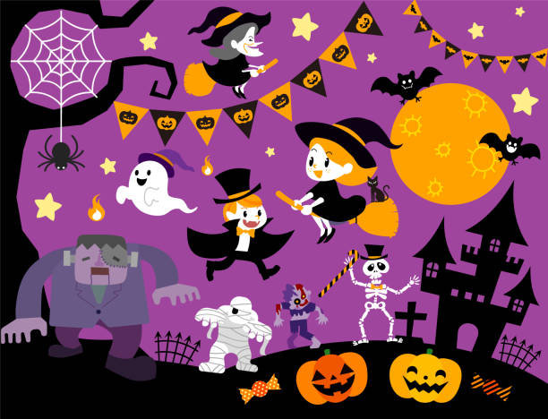 illustrations, cliparts, dessins animés et icônes de illustration mignonne de vecteur d’halloween - halloween witch child pumpkin