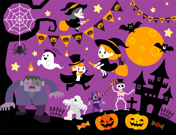 ilustrações de stock, clip art, desenhos animados e ícones de cute vector illustration of halloween - halloween witch child pumpkin