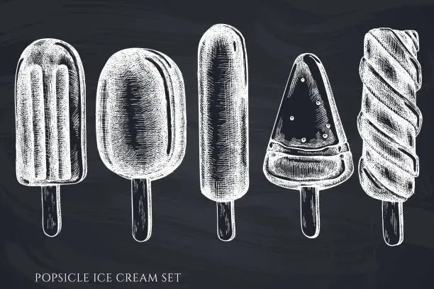 Vector illustration of Vector set of hand drawn chalk popsicle ice cream