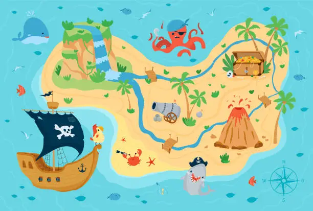 Vector illustration of Pirate treasure map for children in cartoon style. Cute concept for kids room design, Wallpaper, textiles, play, apparel. Vector illustration