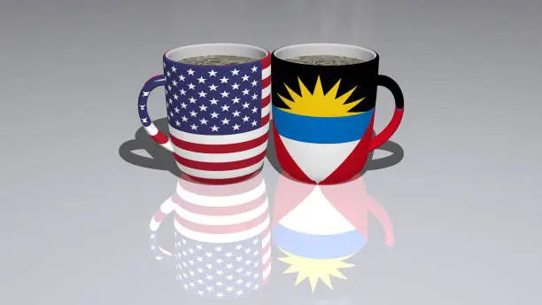 united-states-of-america antigua-and-barbuda: relationship or conflict on a pair of coffee cups for editorial and commercial use