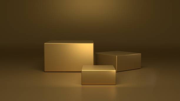 istock Empty podium on gold color background with box stand concept product shelf standing 3D rendering. 1264191315