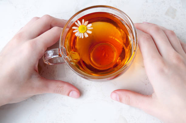 istock Hands holding a Cup of chamomile tea on the table, top view 1264195388