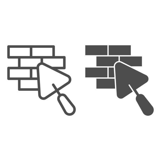 ilustrações, clipart, desenhos animados e ícones de linha de tijolos e espátulas e ícone sólido, conceito de reparo da casa, placa de tijolo no fundo branco, ícone de espátula de parede brick no estilo contorno para conceito móvel e web design. gráficos vetoriais. - brick