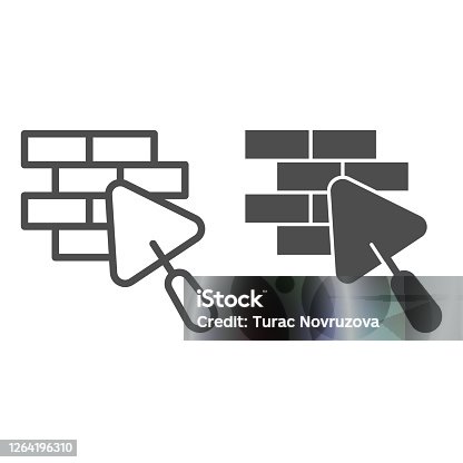 istock Brickwork and trowel line and solid icon, house repair concept, Bricklaying sign on white background, Brick wall trowel icon in outline style for mobile concept and web design. Vector graphics. 1264196310