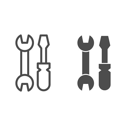 Wrench and screwdriver line and solid icon, house repair concept, tools sign on white background, wrench and screwdriver icon in outline style for mobile concept and web design. Vector graphics
