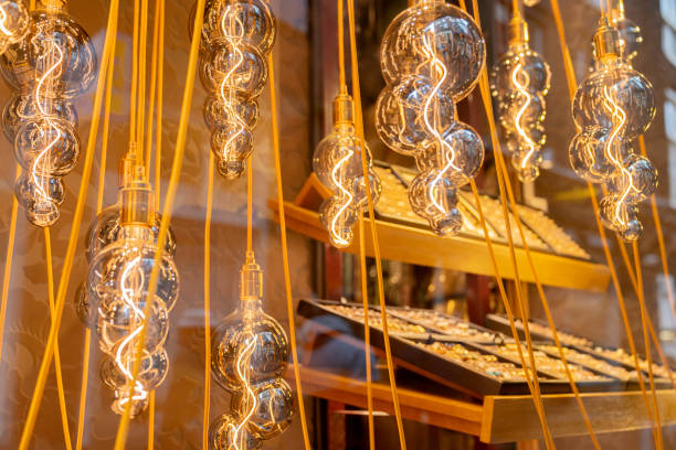beautiful window display with retro light bulb in amsterdam netherlands