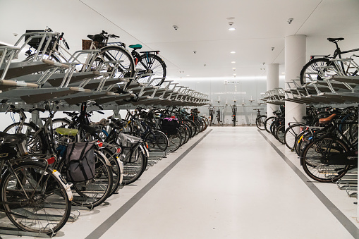 Modern underground bicycle parking lot of Amsterdam Netherlands