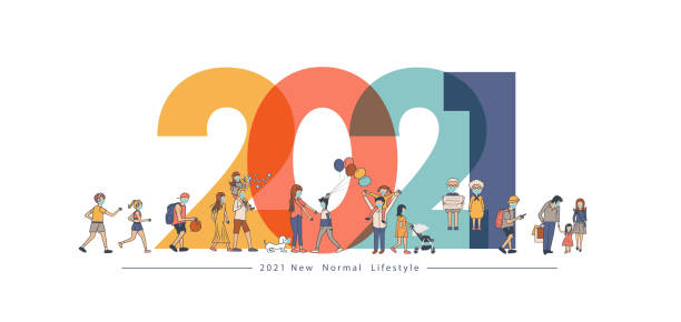 2021 New year with New normal lifestyle ideas concept. People wearing mask in flat big letters design. Vector illustration modern layout template 2021 New year with New normal lifestyle ideas concept. People wearing mask in flat big letters design. Vector illustration modern layout template 2021 illustrations stock illustrations