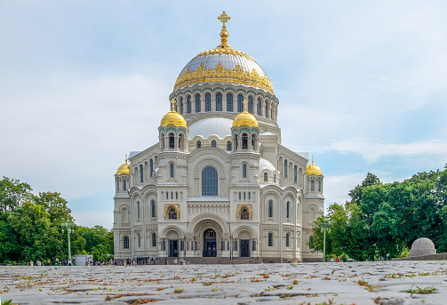 St. Petersburg, Russia - July 20, 2020. View of Kronstadt Naval Nicholas Cathedral. Horizontal orientation, selective focus.