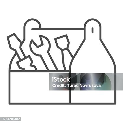 istock Tool box thin line icon, house repair concept, Wooden toolbox sign on white background, toolbox with tools icon in outline style for mobile concept and web design. Vector graphics. 1264201382