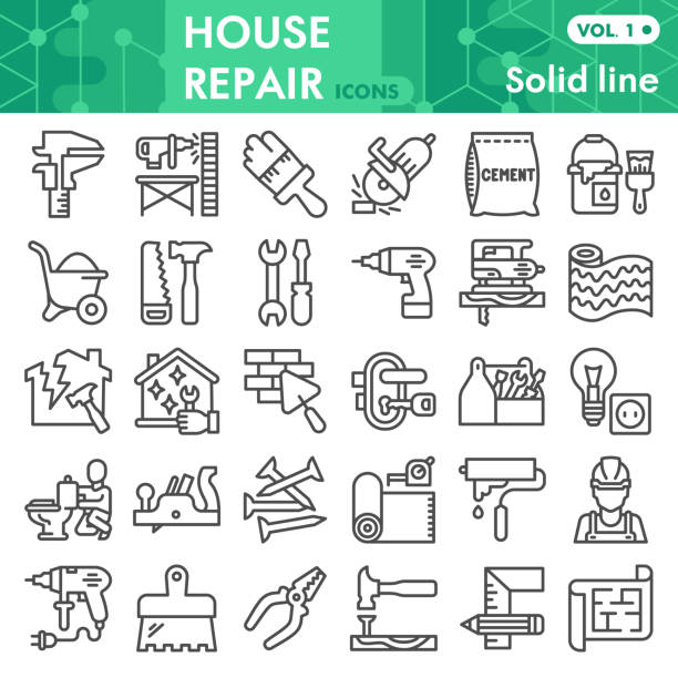 House repair line icon set, Homebuilding and renovating symbols collection or sketches. Construction and repair linear style signs for web and app. Vector graphics isolated on white background. House repair line icon set, Homebuilding and renovating symbols collection or sketches. Construction and repair linear style signs for web and app. Vector graphics isolated on white background material design icon set stock illustrations