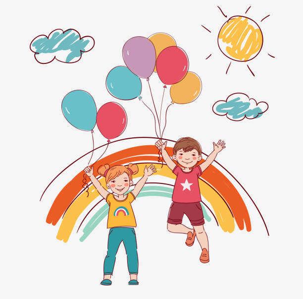 ilustrações de stock, clip art, desenhos animados e ícones de happy kids jumping. happiness, childhood, and freedom concept - rainbow preschooler baby child