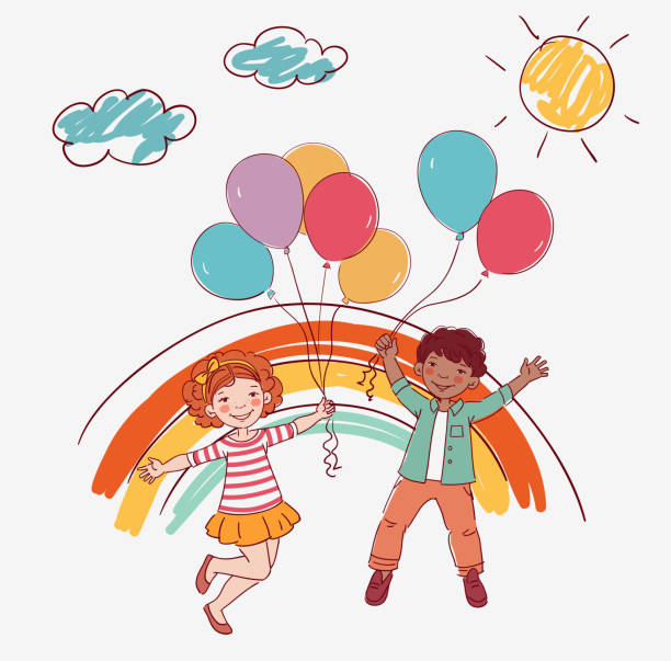 ilustrações de stock, clip art, desenhos animados e ícones de happy kids jumping. happiness, childhood, and freedom concept - rainbow preschooler baby child