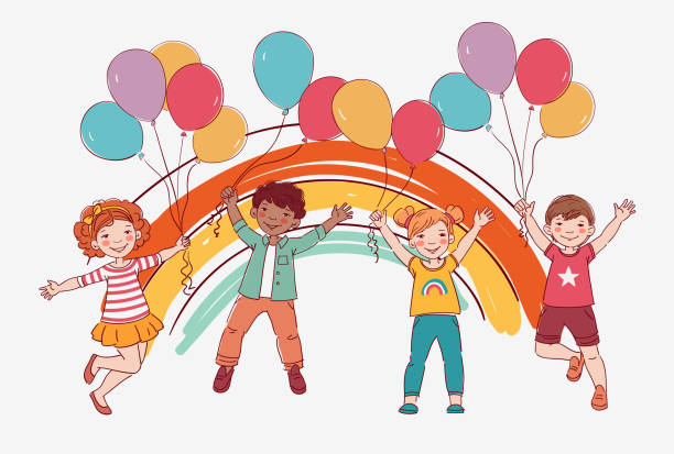 ilustrações de stock, clip art, desenhos animados e ícones de happy kids jumping. happiness, childhood, and freedom concept - rainbow preschooler baby child