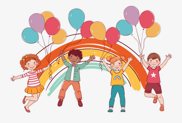 счастливые дети прыгают. концепция счастья, детства и свободы - rainbow preschooler baby child stock illustrations