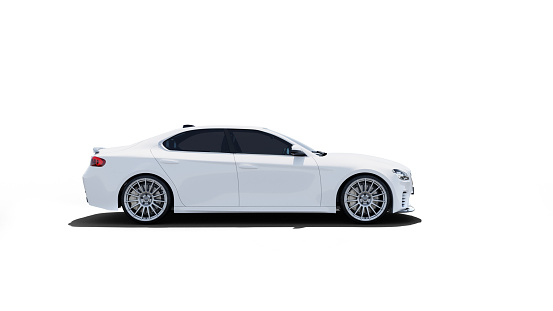 white generic sports sedan, isolated on white background,  3D, car of my own design.