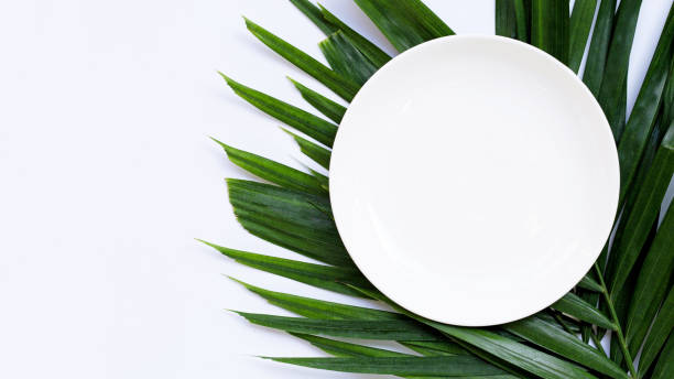 istock Empty white ceramic plate on tropical palm leaves on white background. Top view 1264211253