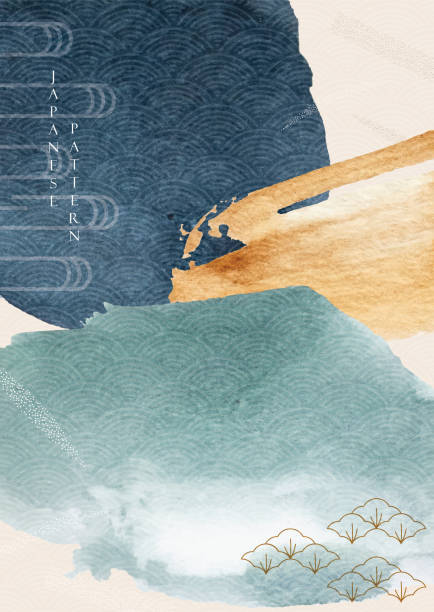 istock Abstract art background with watercolor texture vector. Asian style template illustration with brush stroke element and Japanese wave pattern. 1264211330