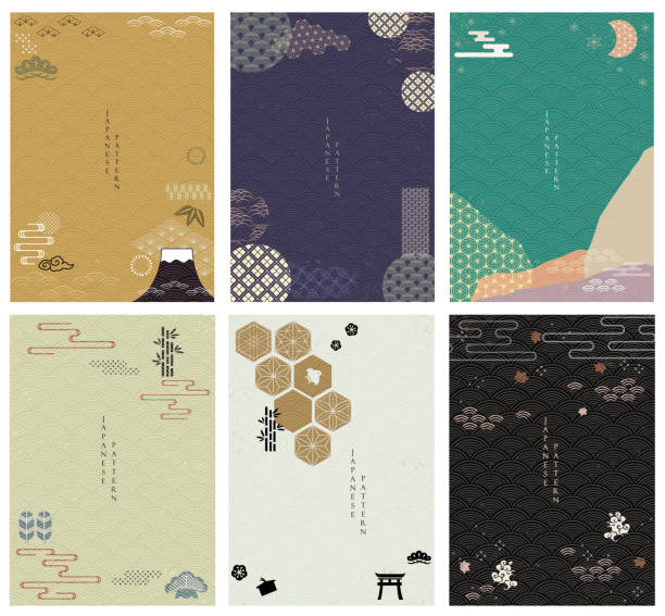 japán háttér ikonvektorral. geometriai és természeti elemek. címer családi ikon, hullám, virág és bonsai dísz. - japán kultúra témájú stock illusztrációk