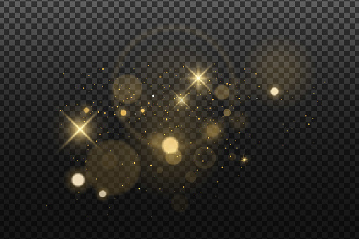 Abstract golden lights bokeh isolated on a dark transparent background. Shining stars and glare. Footage for your design. Realistic brilliant glitter. Vector illustration. EPS 10.