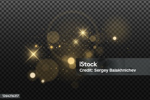 istock Abstract golden lights bokeh isolated on a dark transparent background. Shining stars and glare. Footage for your design. Realistic brilliant glitter. Vector illustration. 1264216317