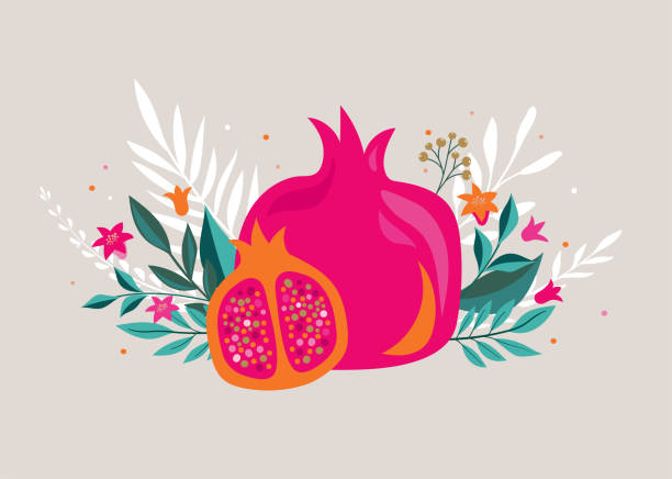 ilustraciones, imágenes clip art, dibujos animados e iconos de stock de rosh hashana, tarjeta de felicitación de año nuevo judío con granada, manzana y flores. ilustración vectorial - rosh hashanah