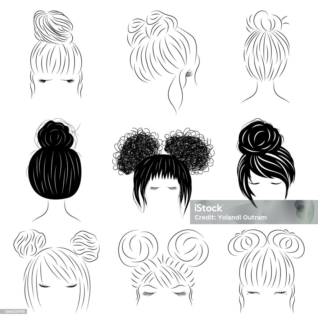 Hand Drawn Line Art Of Women Silhouette With Hair Bun Stock Illustration -  Download Image Now - iStock