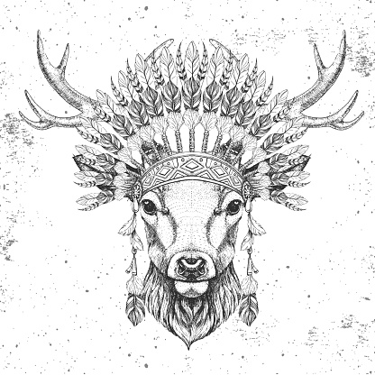 Hipster animal deer with indian feather headdress. Hand drawing Muzzle of animal deer