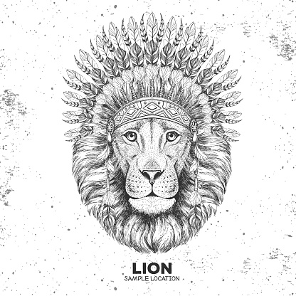 Hipster animal lion with indian feather headdress. Hand drawing Muzzle of animal lion