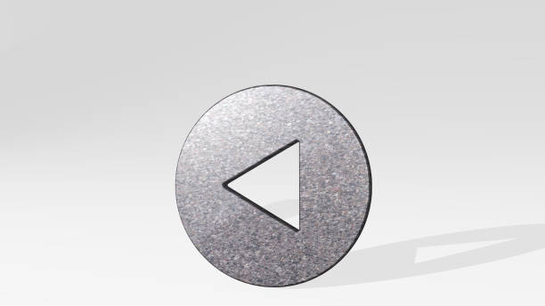 arrow button circle left casting shadow from a perspective. A thick sculpture made of metallic materials of 3D rendering