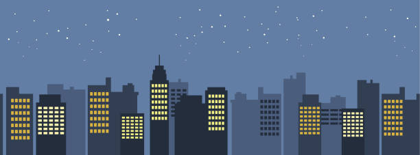 istock Seamless pattern vector of modern flat skyscrapers at night. Urban scene background, cityscape border. 1264223535