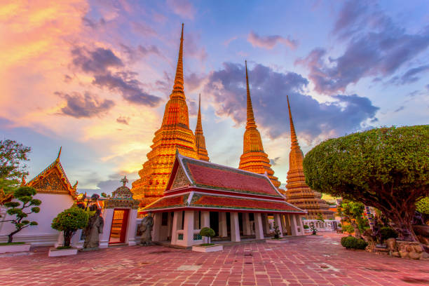 wat pho temple or wat phra chetuphon in bangkok - gold pagoda temple synagogue imagens e fotografias de stock