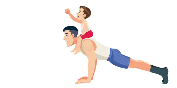 Vector illustration of Son character ride father like horse. The man pushup from the floor with the boy on his back. Concept Fatherhood child-rearing. Vector flat cartoon illustration