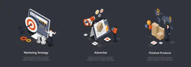 Vector illustration of Concept Of New Product Promotion And Advertisement. Characters Develop Marketing Strategies And Promotions, Represent New Finished Product On Market For Sale. Cartoon Isometric 3d Vector Illustration