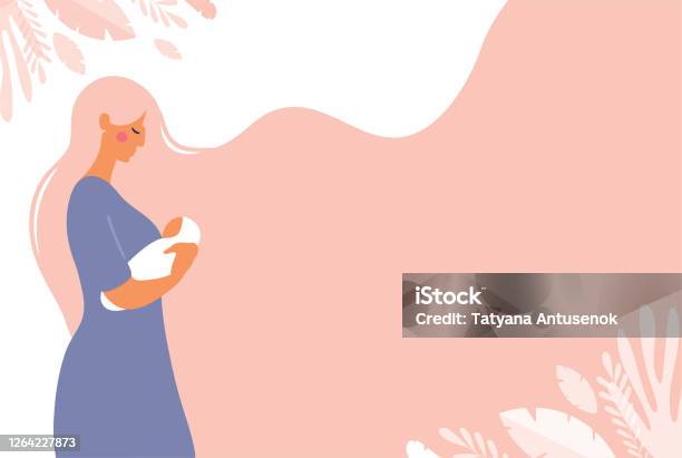 A Beautiful Young Mom Is Holding A Newborn Baby In Her Hands Poster With Copy Space About Motherhood Flat Vector Concept Illustration With Pink Background - Arte vetorial de stock e mais imagens de Mãe