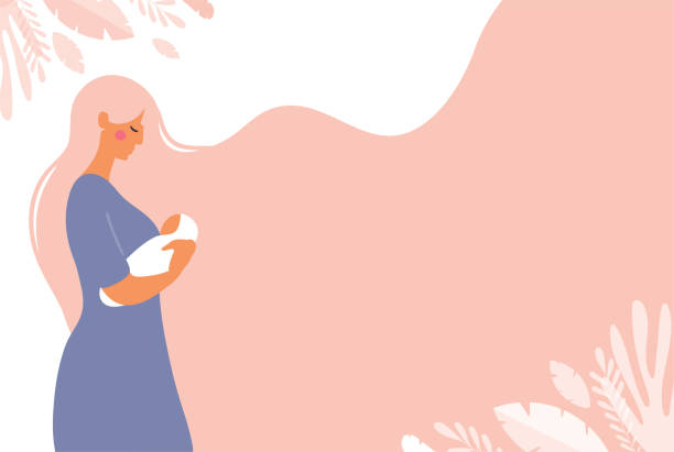 A beautiful young mom is holding a newborn baby in her hands. Poster with copy space about motherhood. Flat vector concept illustration with pink background. A beautiful young mom is holding a newborn baby in her hands. Poster with copy space about motherhood. Flat vector concept illustration with pink background mother stock illustrations