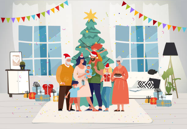 ilustrações de stock, clip art, desenhos animados e ícones de family together at home for christmas. happy family celebrate new year with children and grandparents. decorated christmas tree in the room. festive interior and characters. flat vector illustration. - family christmas