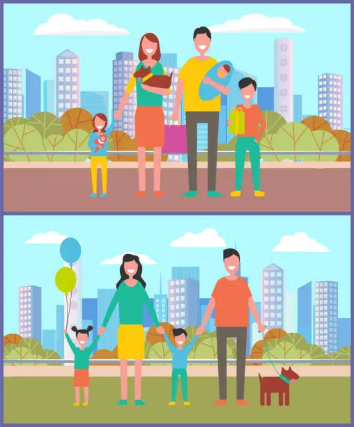Vector illustration of Family in City Park, Mother and Father with Kids