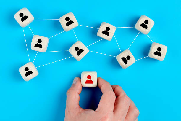 istock Organization structure, team building, business management or human resources concepts. Person icons on wooden cubes linked to each other. 1264228447