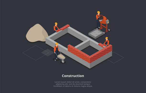 Construction Concept. Workers Work In Team In Protective Uniform And Helmets. Men Mixing Concrete, Building Brick Wall, Characters Build Residental District. Cartoon Isometric 3D Vector Illustration Construction Concept. Workers Work In Team In Protective Uniform And Helmets. Men Mixing Concrete, Building Brick Wall, Characters Build Residental District. Cartoon Isometric 3D Vector Illustration. mixing cement stock illustrations