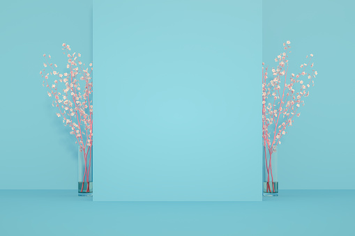 3D rendering of Empty Product Stand, Platform, Podium with flowers for the presentations. Minimal design. Blue Background.