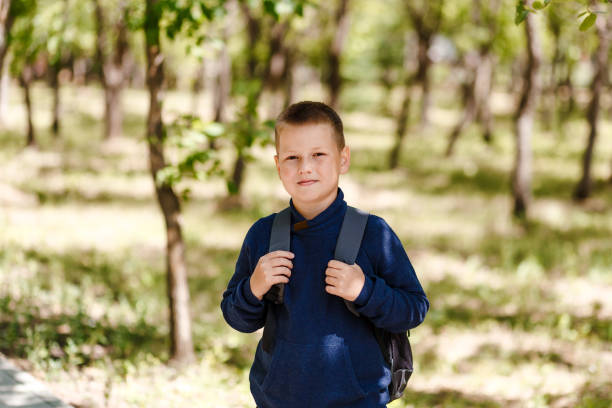 istock cute European boy with a large backpack on his back on a natural background 1264235248