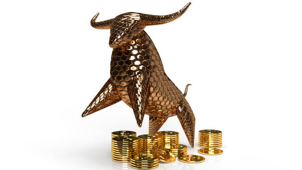 gold bull and coins on white background for business content 3d rendering.