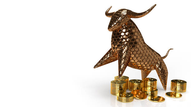 istock gold bull and coins on white background for business content 3d rendering. 1264235335