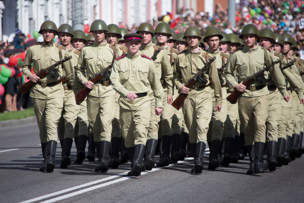 Belarus, Gomel. May 9, 2018. Victory Day.World War II soldiers marching down the street
