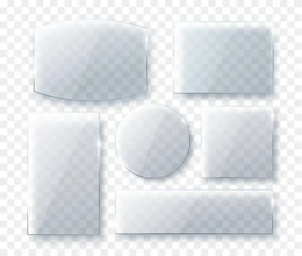 Vector illustration of Realistic  transparent glass plates set. different shapes glass plates.  Glass texture with shado