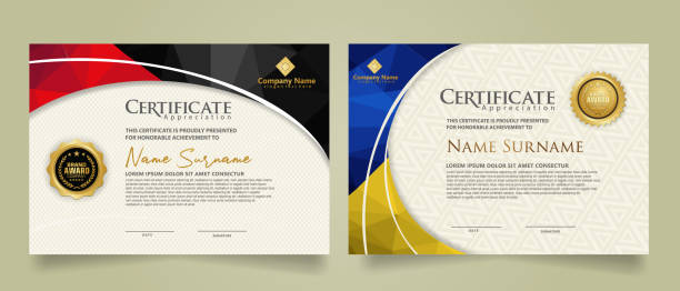 Set modern certificate template with triangle geometric polygon on circular lines ornate background Set modern certificate template with triangle geometric polygon on circular lines ornate background. vector illustrations award certificate stock illustrations